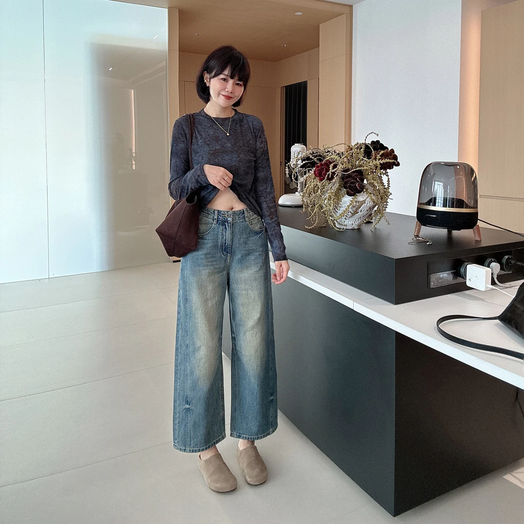 秋季韩系复古水洗牛仔裤高腰百搭宽松阔腿裤
