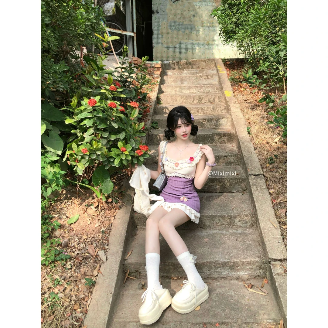 瑞茜·威瑟斯紫薯芋泥冰 夏季甜美显瘦修针织短款拼接连衣裙R6050H