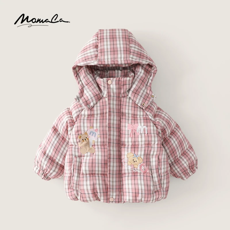 MOMOCO冬季女童格子棉衣拼接贴布绣可爱熊加棉外套75820101008