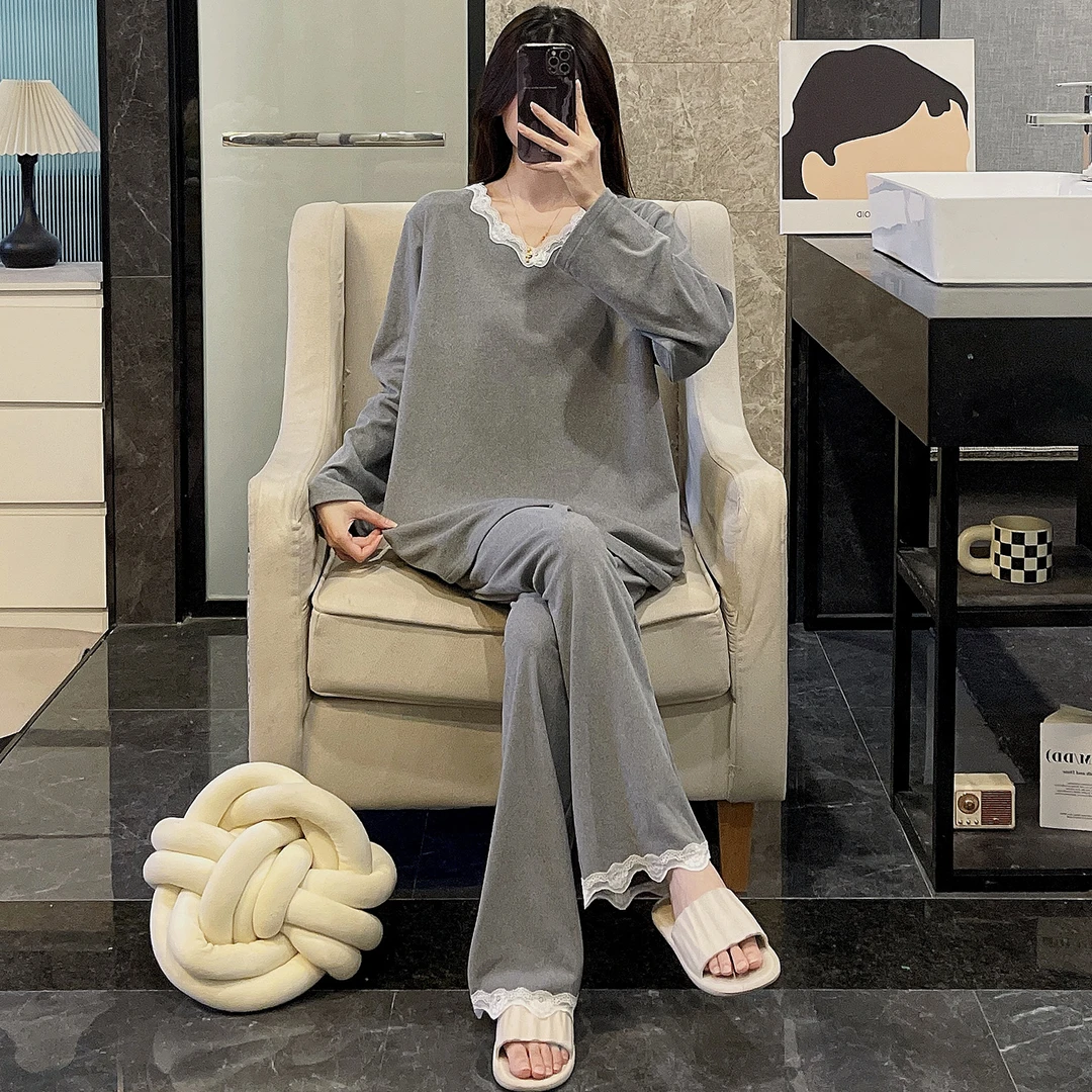 睡衣女春秋季长袖大码德绒2025新款加厚保暖深灰套装可外穿家居服