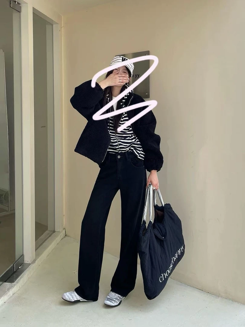 SU【902】代85 愫林 加绒窄版直筒牛仔裤2025新款黑色中小个子阔腿