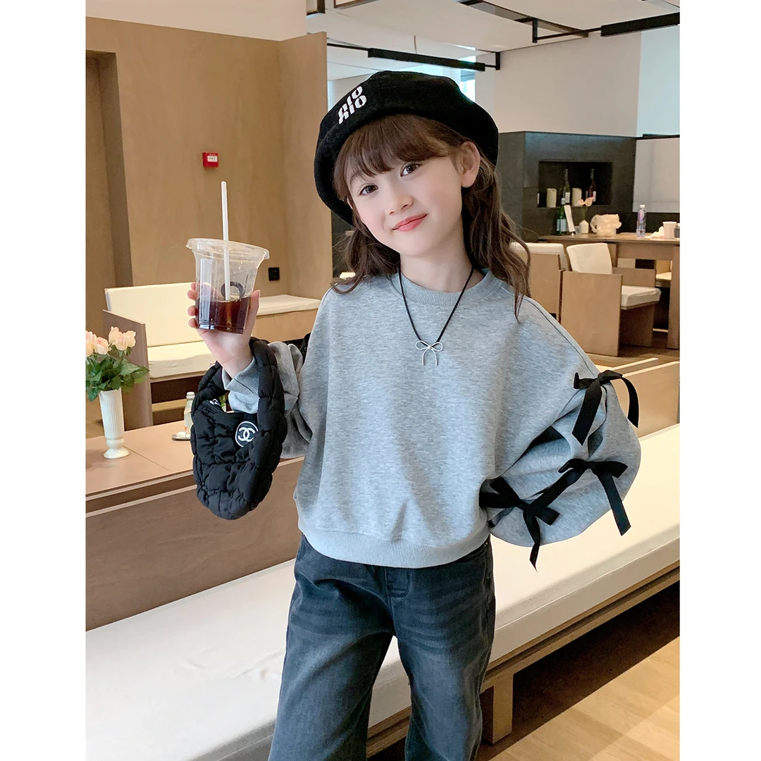女童卫衣2025春秋新款灰色休闲长袖上衣W24303