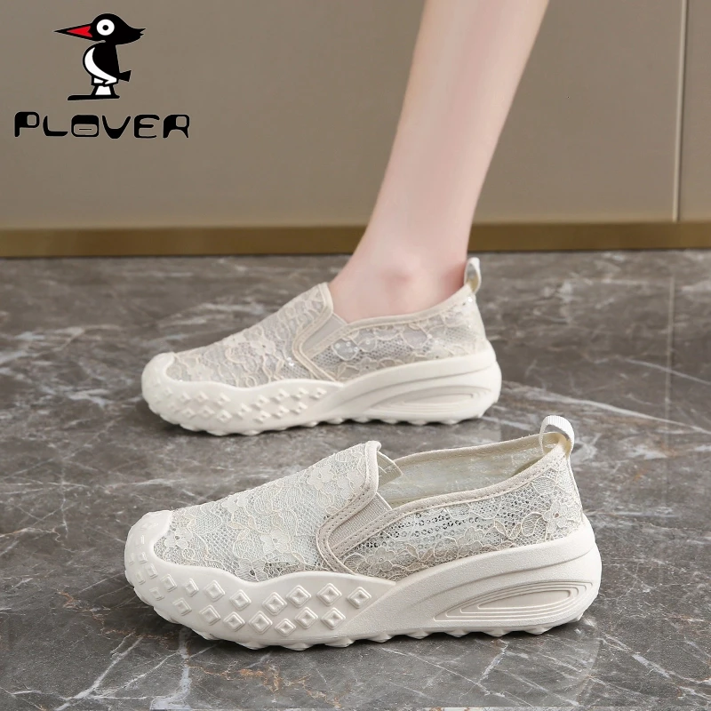 PLOVER小香风网面渔夫鞋2025新款秋季增高休闲鞋软底透气蕾丝单鞋