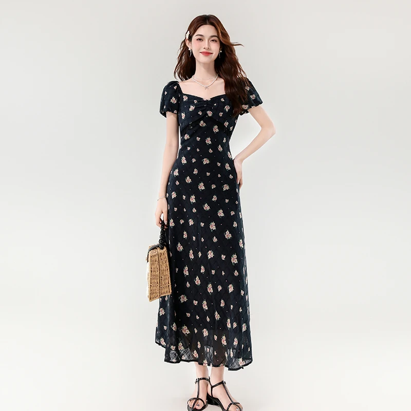 夏季新款设计感小众女装收腰连衣裙法式优雅气质时尚修身碎花长裙