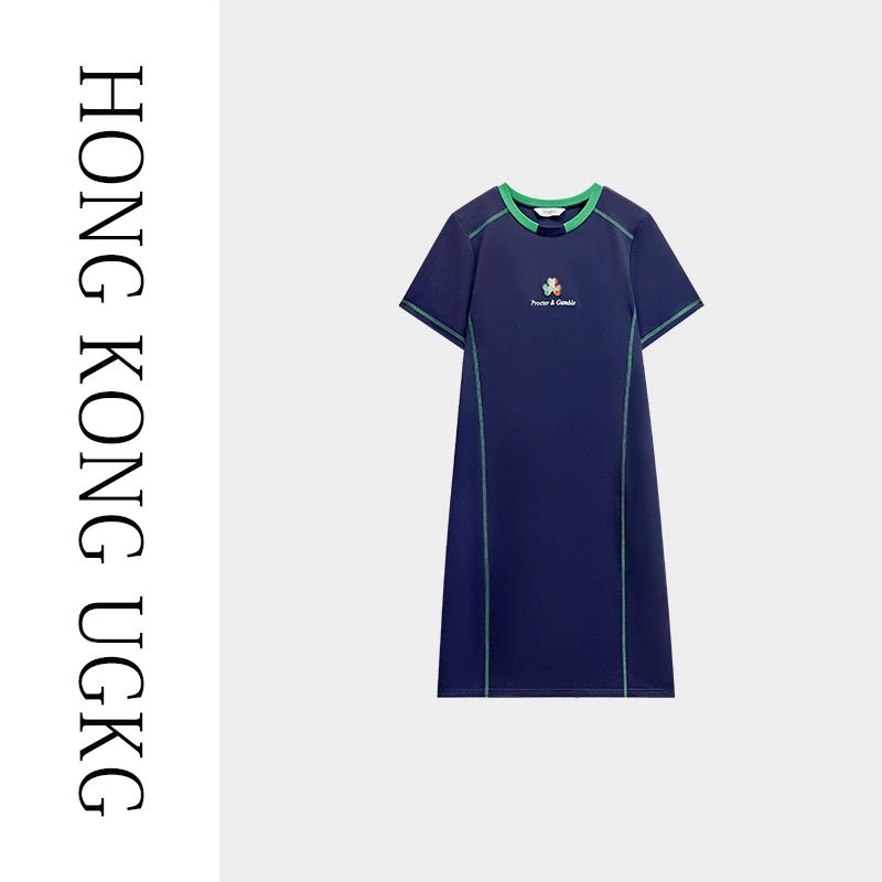 香港UGKG 高端中老年刺绣连衣裙女夏季短袖中长款修身显瘦裙子