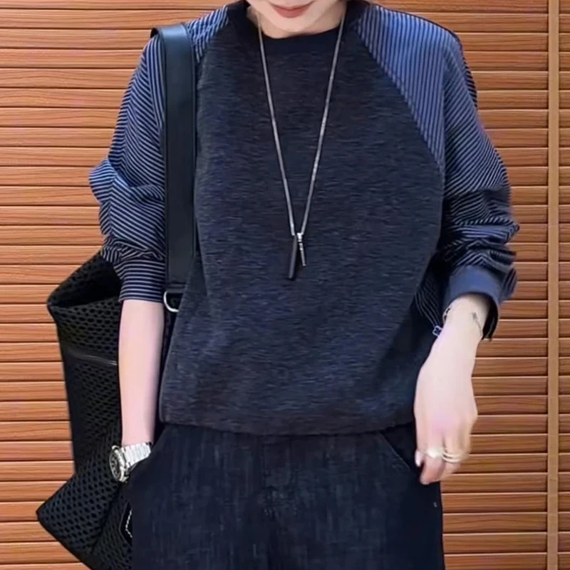 美式复古假两件卫衣女2025早秋新款vintage休闲显瘦圆领套头上衣