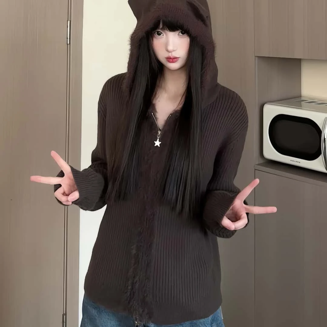 大码胖mm韩系软糯小熊耳朵连帽针织开衫女秋冬季修身显瘦毛衣外套