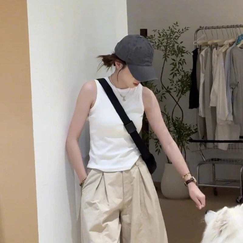 时尚半高领纯色高弹修身外穿一体百搭无袖坎肩背心女阔腿裤套装