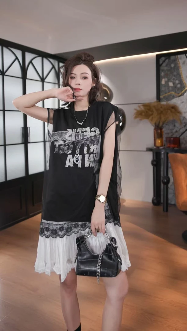 BANINGNA-2025欧货夏季·小众设计时尚拼接网纱假两件连衣裙06662