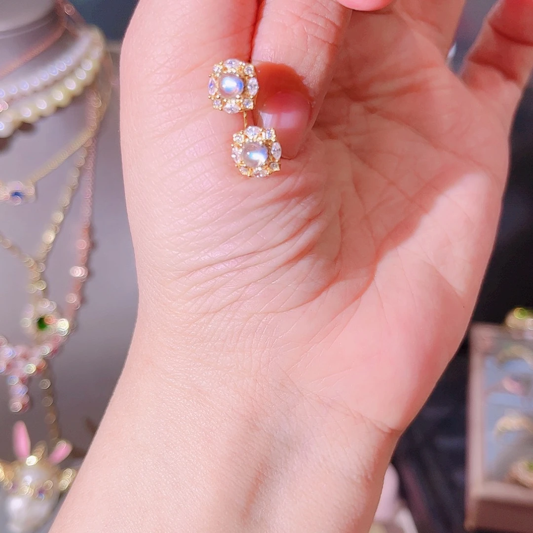 月光石耳钉银S925镶嵌