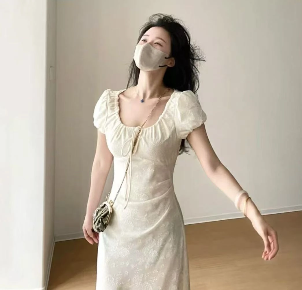 法式优雅提花抽绳连衣裙女2025夏季新款气质温柔收腰显瘦A字长裙