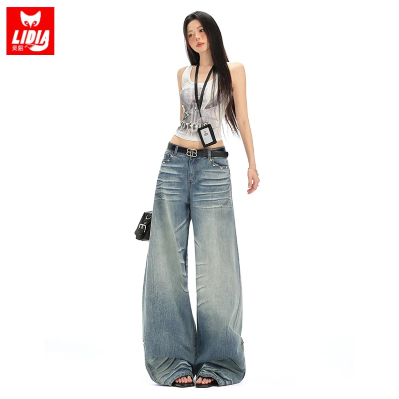 早秋牛仔蓝色阔腿牛仔裤女2025新款宽松无侧缝立体猫须显瘦长裤子