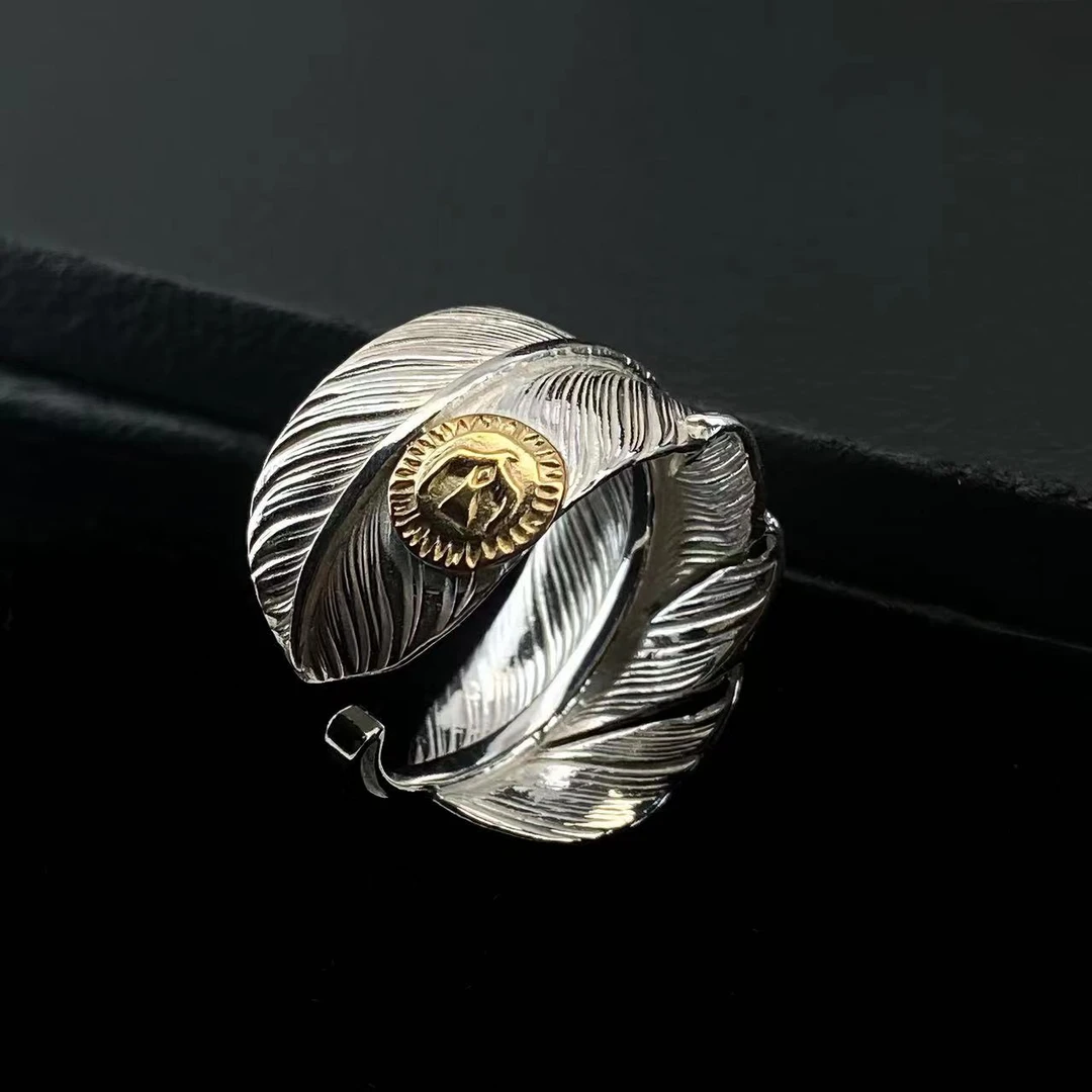 鸿聚隆 925银戒指 NO271小众日式精工雷鸟簪刻羽毛银戒指个性