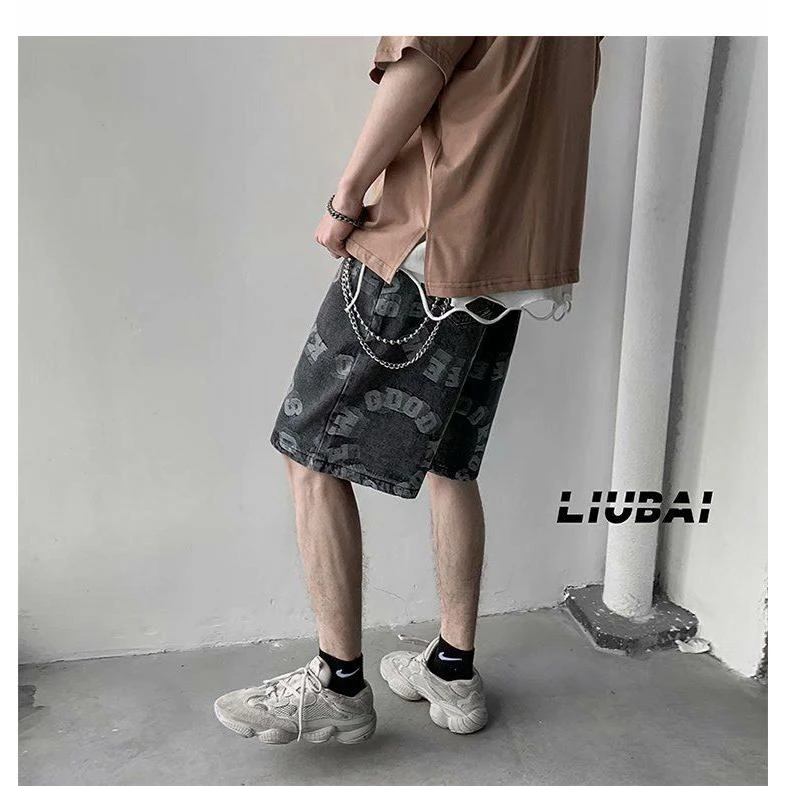 夏季牛仔短裤男潮牌宽松直筒韩版潮流休闲五分裤港风帅气百搭中裤