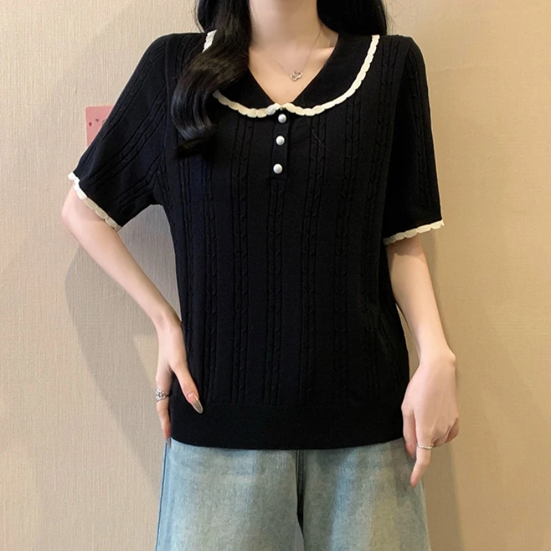 大码娃娃领麻花短袖针织衫女夏薄款胖MM宽松显瘦百搭洋气冰丝上衣