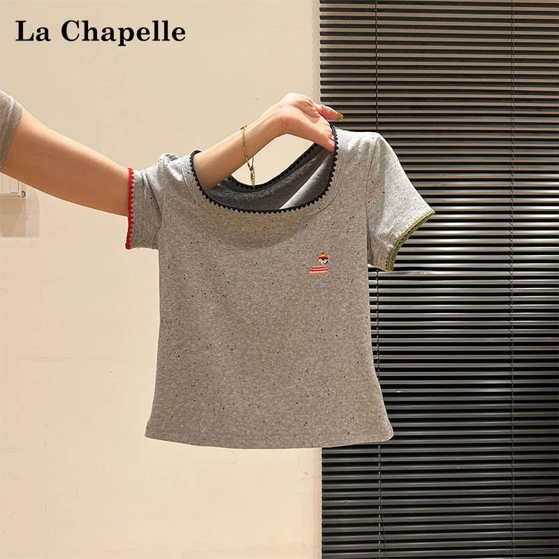 拉夏贝尔撞色刺绣大U领彩点正肩短袖T恤女夏季新款时尚设计感上衣