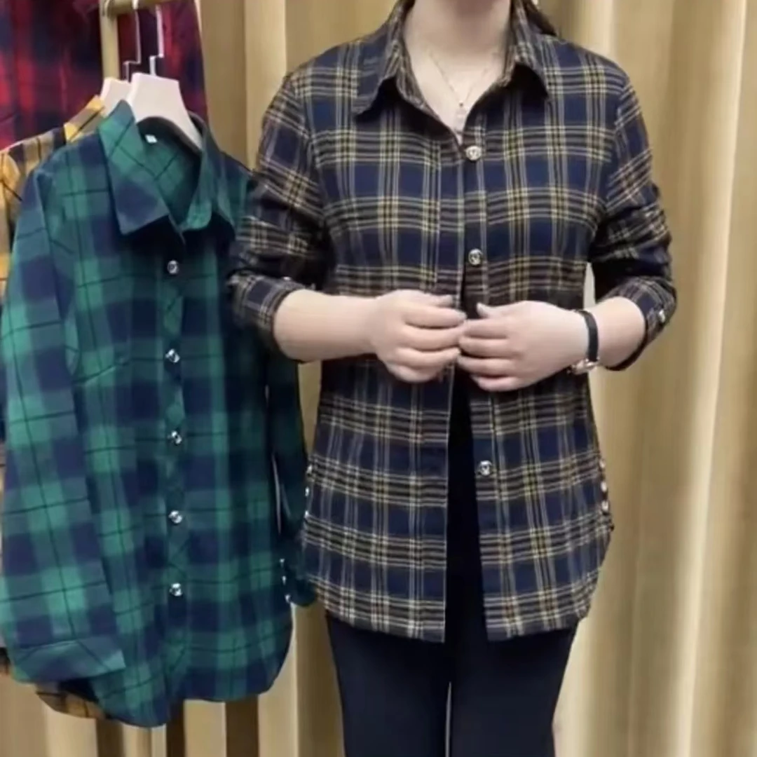 《专柜品质》春秋时尚洋气宽松百搭休闲显瘦格子母亲中老年妈妈衬衫