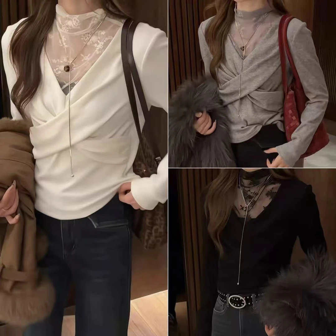 秋冬半高领蕾丝V领常规款法式T恤长袖打底修身显瘦百搭洋气气质