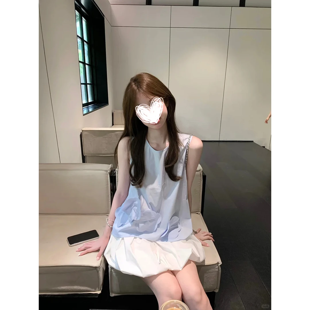 FRVXO时尚减龄无袖背心上衣女夏季高腰显瘦百搭花苞短裙两件套