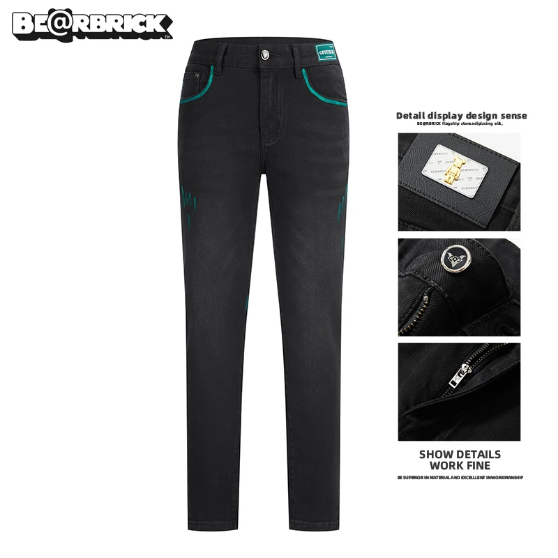 积木熊Be@rbrick【明星同款】手绘牛仔裤男生秋冬款潮流修身裤欧货