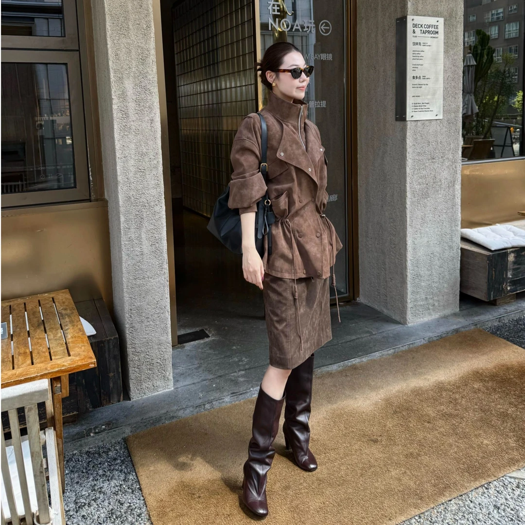 秋季常规款休闲简约酷飒修身显瘦女套装韩版短款外套半身裙两件套