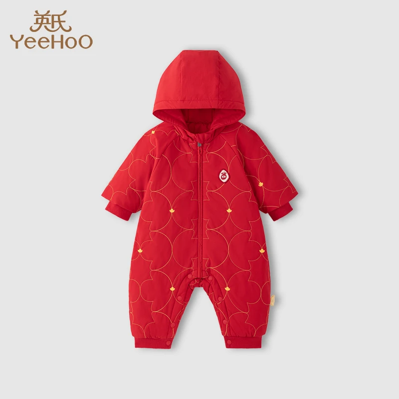 英氏婴儿连体衣秋冬三防夹棉女宝新年连帽蛤衣拜年服YRHFJ4P319A