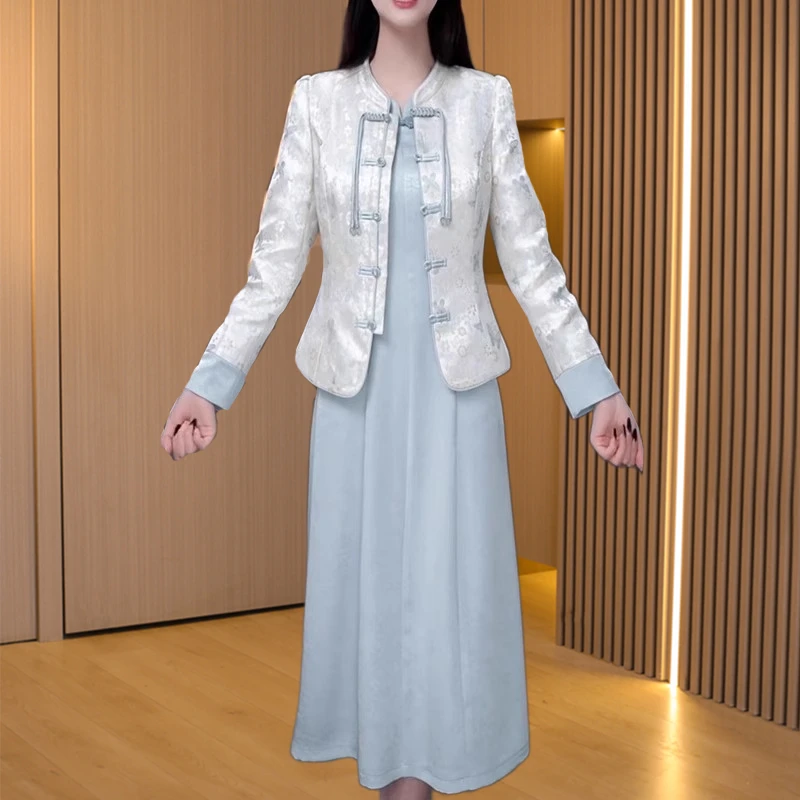新中式国风连衣裙套装2025新款春秋妈妈十三行旗袍一整套穿搭两件