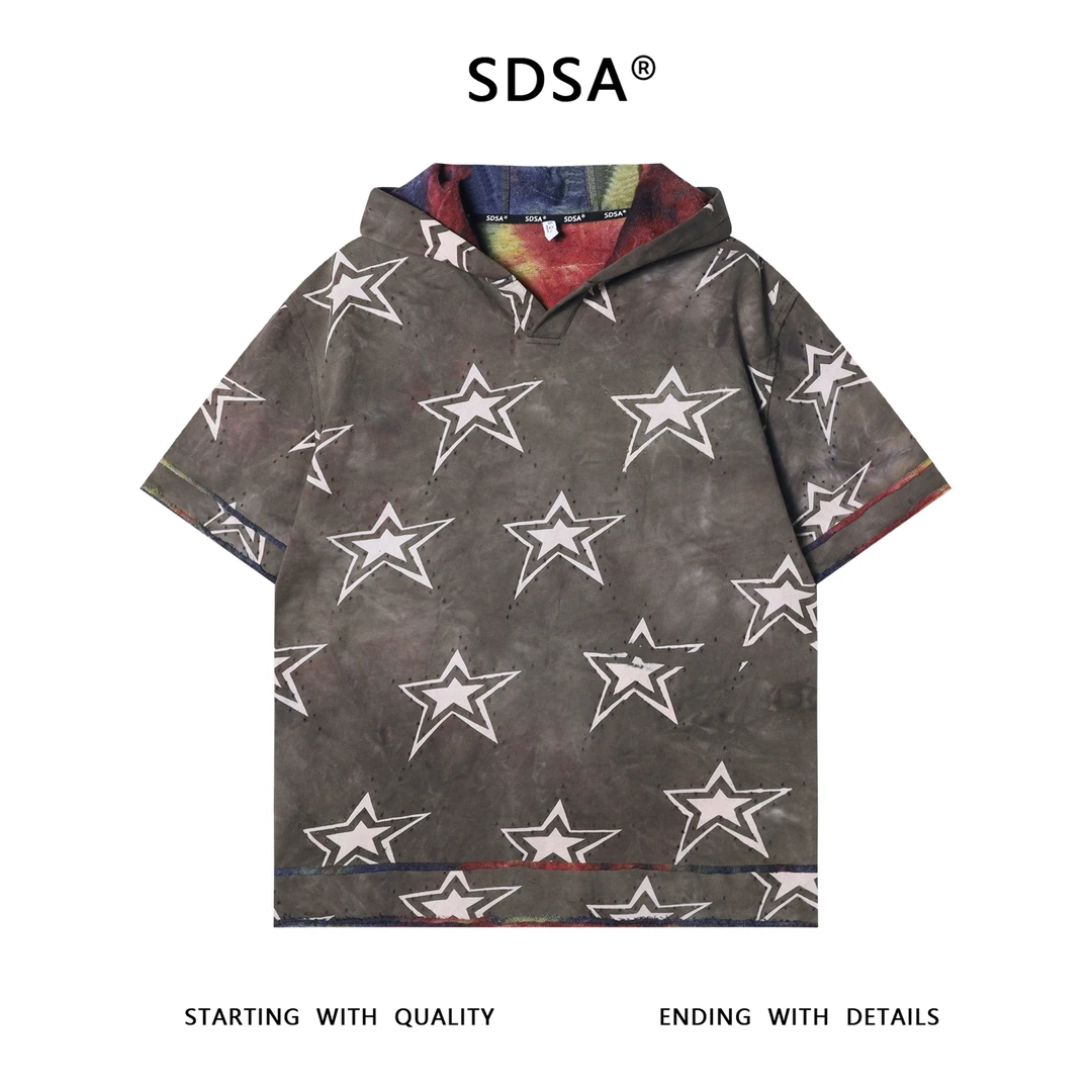 夏季高级感新款男士撞色磨破星星设计连帽短袖T恤高街痞帅上衣