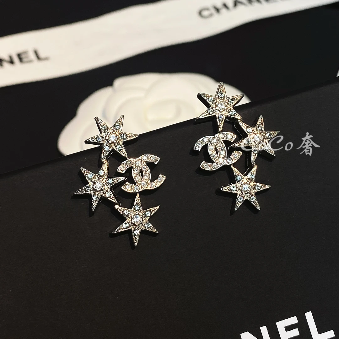 99新 Chanel/香奈儿 特！五芒星银色满钻百搭耳钉AD0433/AD0010