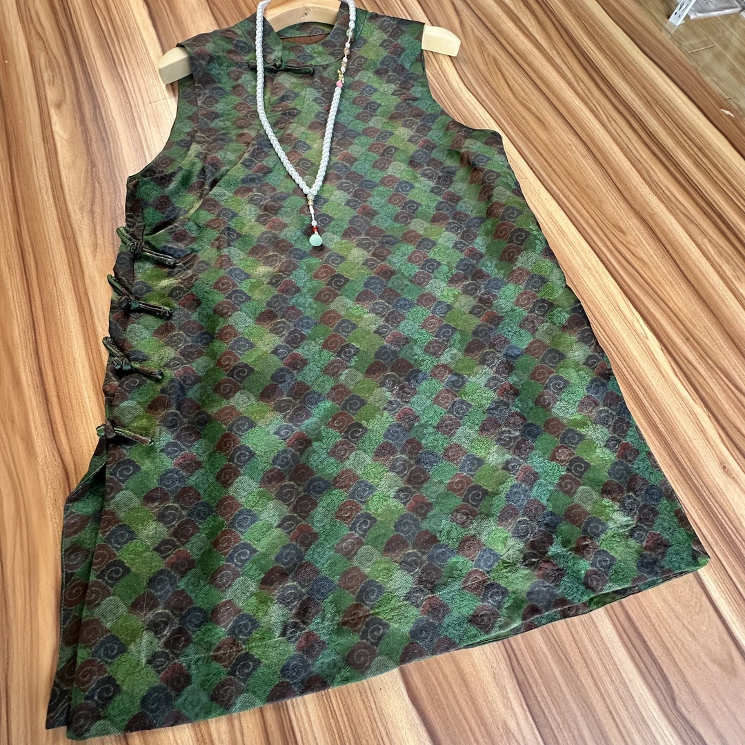 【怀瑾】新中式桑蚕丝香云纱翡翠绿祥云中长款马甲上衣#81