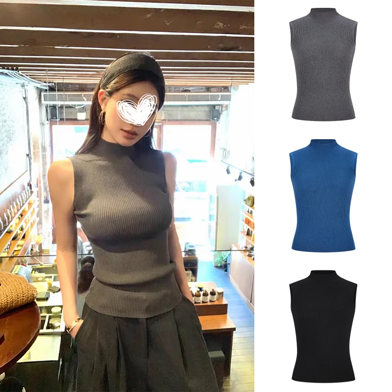 Moses Queen/魔西女王时髦半高领无袖背心外穿收腰针织显瘦上衣