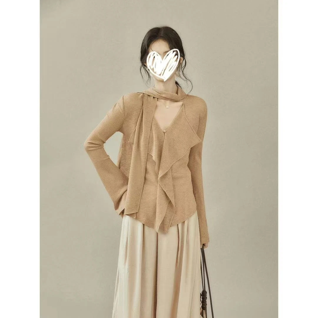 早秋新款松弛设计感飘带V领上衣t恤女长袖+麻色阔腿裤两件套套装