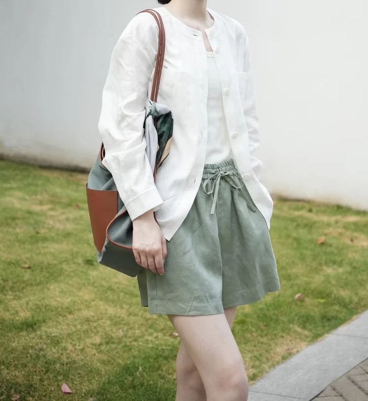 初秋交织天然亚麻衬衫，小圆领无领设计