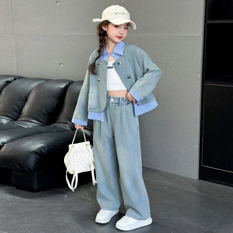 女童牛仔套装春秋款2025新款女大童时尚假两件上衣阔腿裤两件套潮