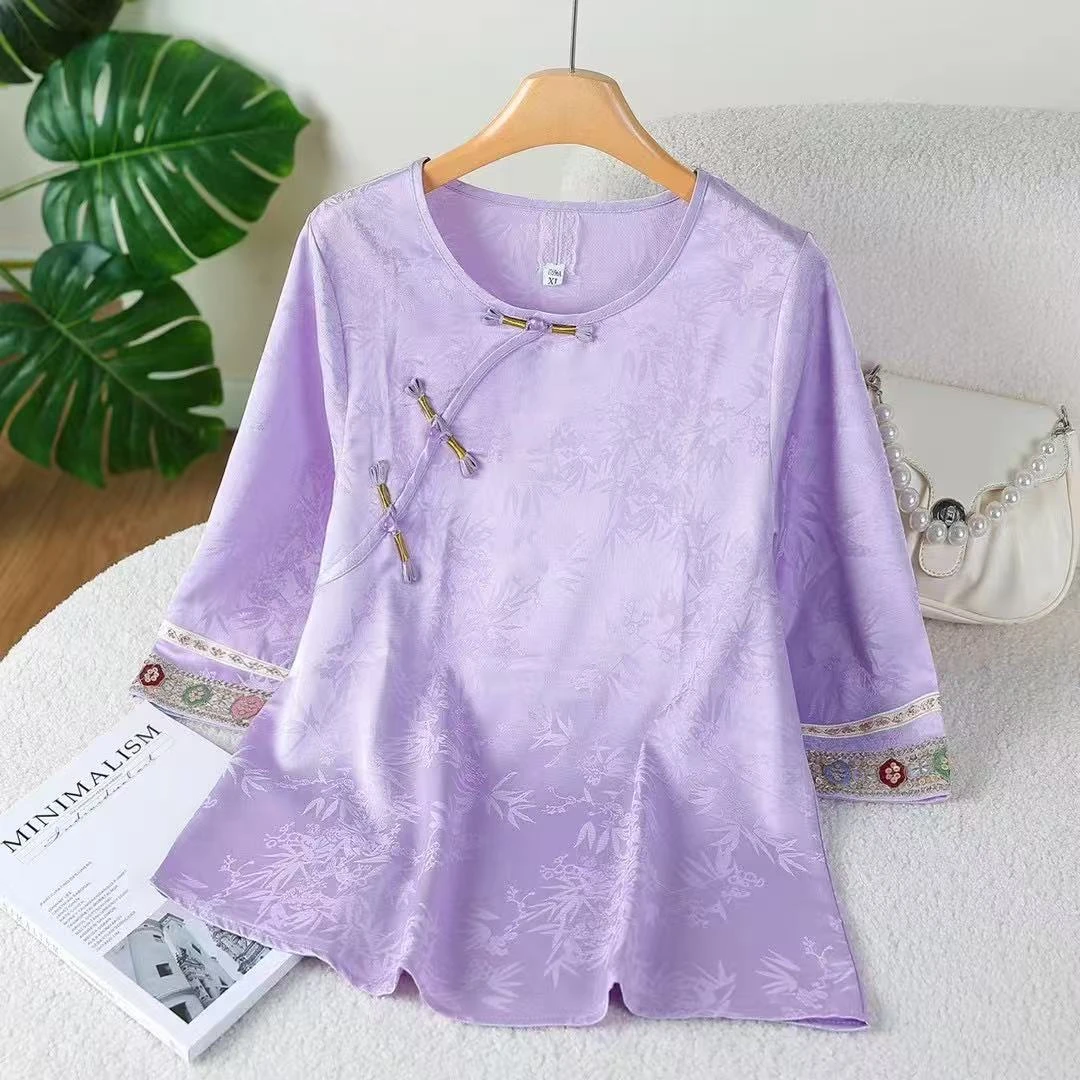 204夏季国风提花上衣圆领斜襟盘扣衬衣
