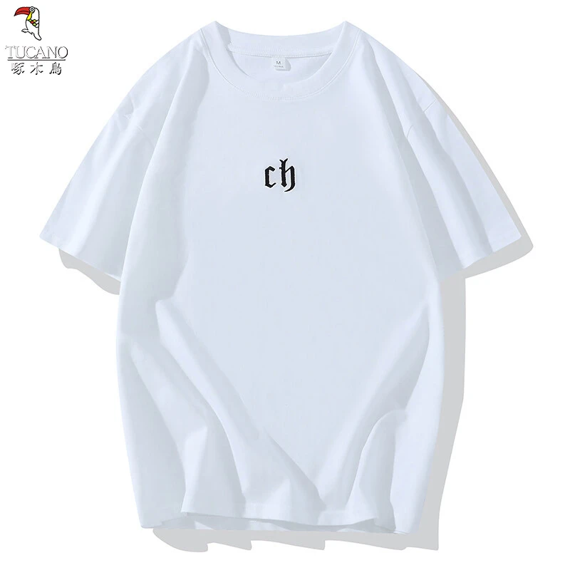 啄木鸟男装2025夏季男士圆领刺绣青少年宽松半袖体恤棉休闲上衣