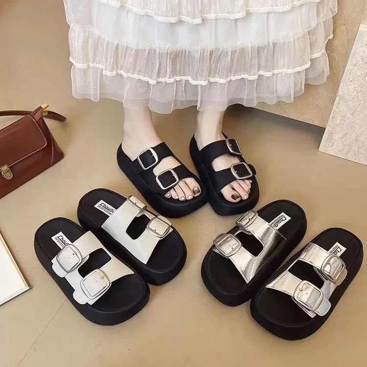 真软皮时尚凉鞋拖鞋女夏季外穿松糕厚底套趾凉鞋996