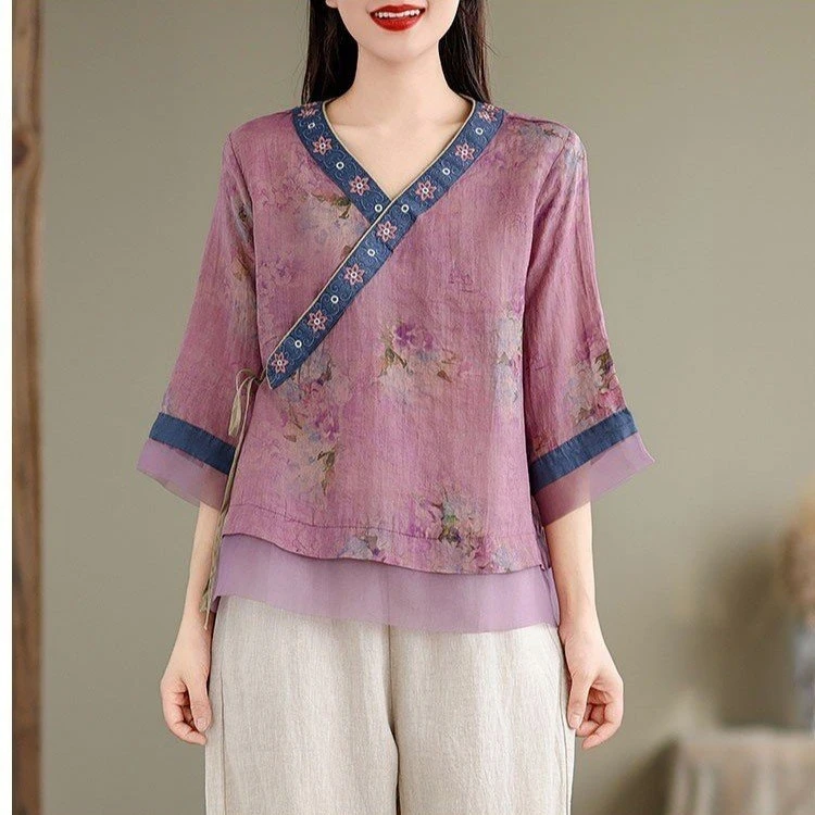 刺绣常规款夏季常规七分袖衬衫茶服中国风女装大码文艺短款