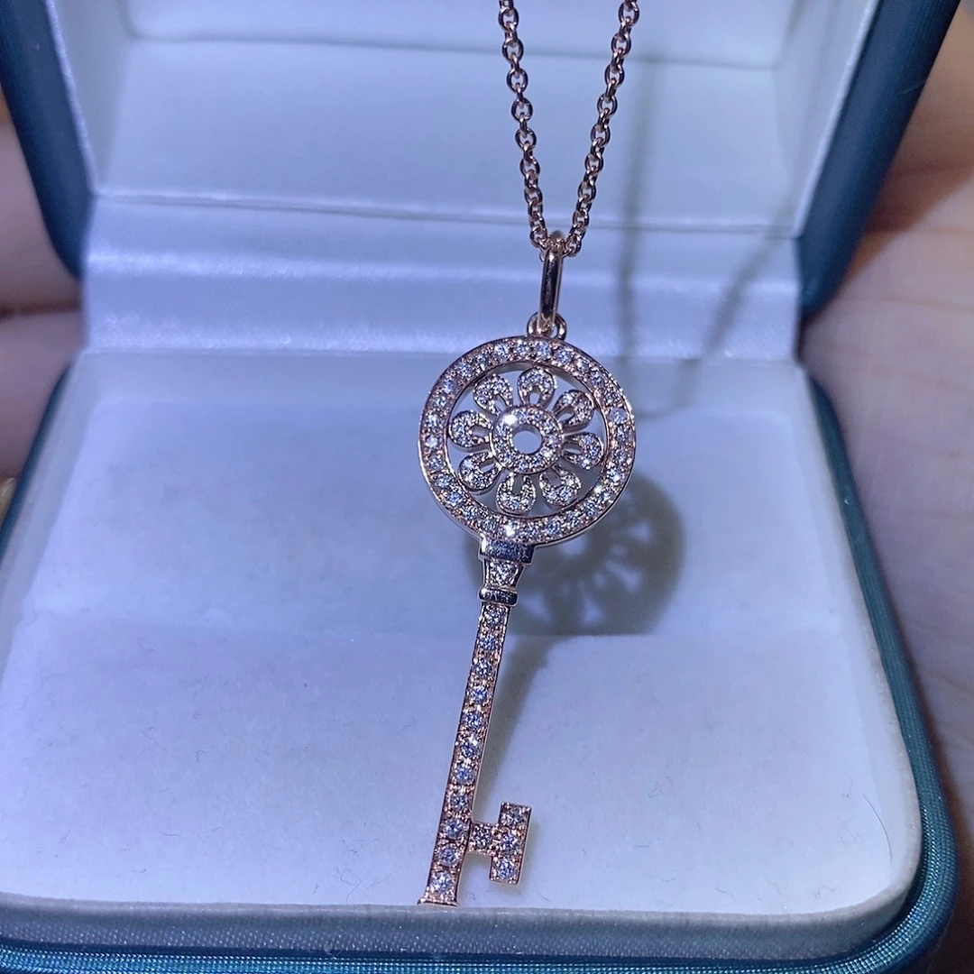 颈饰钻石18K金镶嵌太阳花钥匙项链k玫
