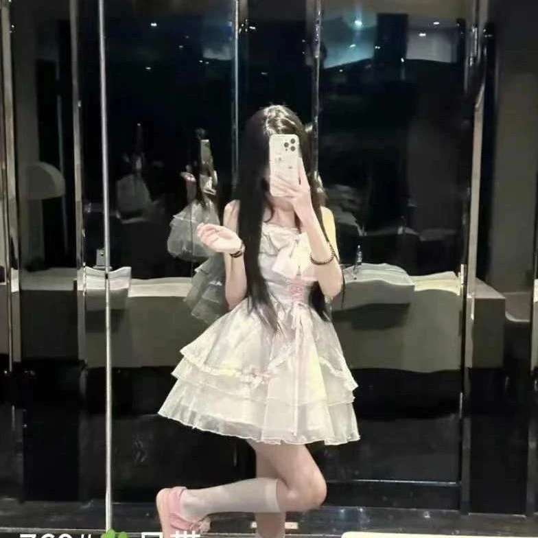 【月光梦境】公主蝴蝶结连衣裙收腰显瘦吊带裙层次长款短裙裙子