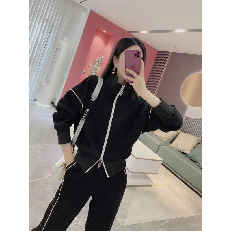 【橦颜推荐】加绒拼条拉链上衣+阔腿裤两件套5119（11.14）