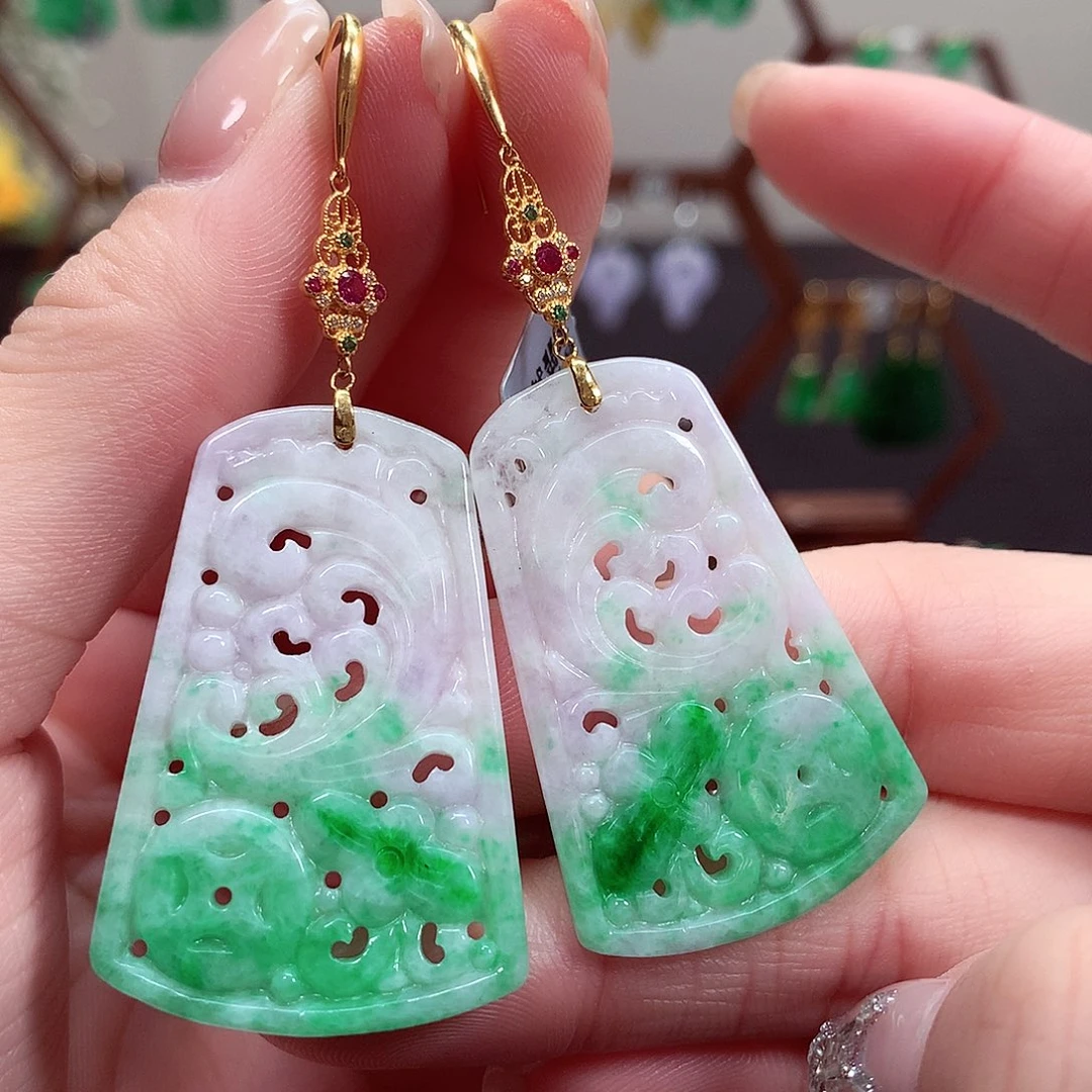 翡翠耳饰18K金镶嵌天然翡翠