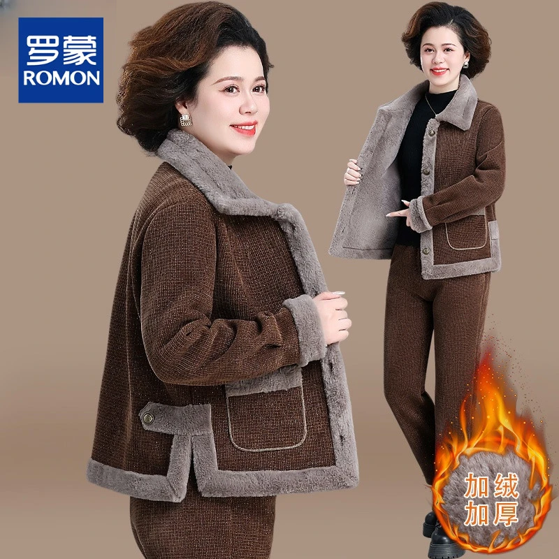 中年妈妈冬装套装加绒加厚小香风外套洋气中老年秋冬棉袄两件套女