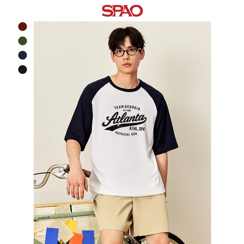 SPAO韩国同款男士纯棉短袖t恤夏季2025新款美式复古撞色情侣装ZL