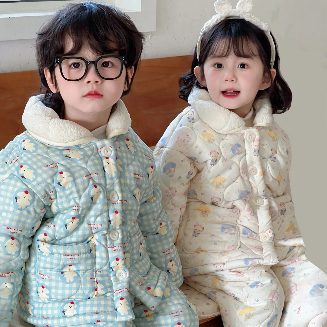 儿童家居服套装新款冬季中小童加厚加绒睡衣男女童宝宝卡通两件套