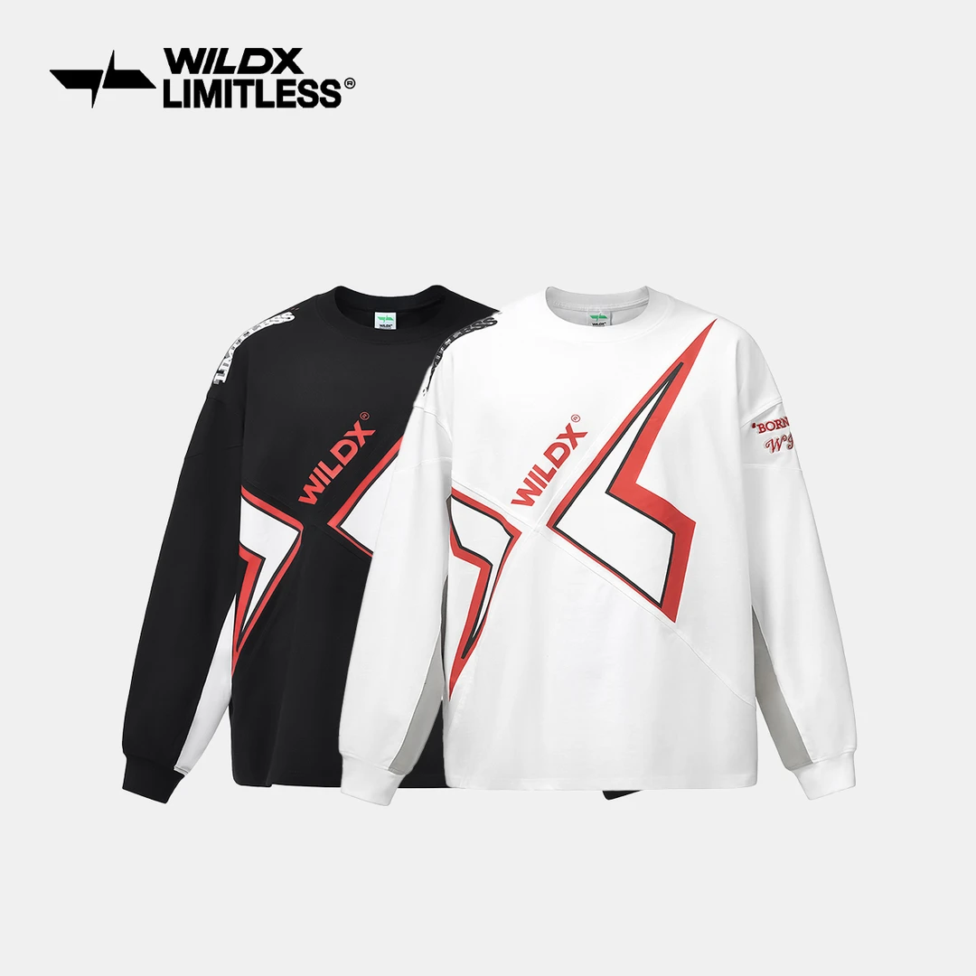 WildX 「脉冲之翼」解构小领口长袖t恤刺绣印花美式国潮情侣