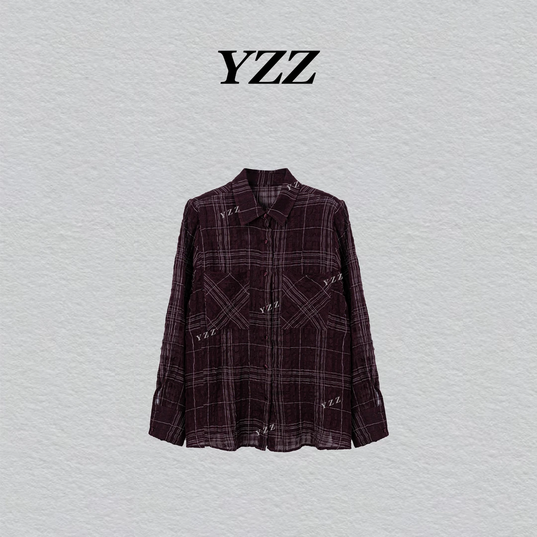 YZZ“情书” 气质微透薄款拼色格纹长袖百搭棉麻衬衫 810971