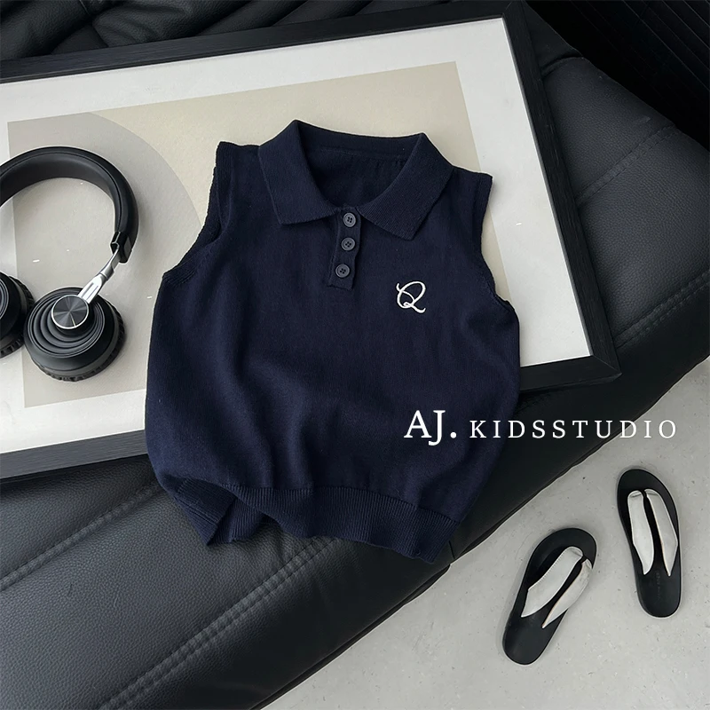 Q【有点miu】阿卷儿童轻薄透气无袖刺绣翻领polo衫针织上衣MPG5969