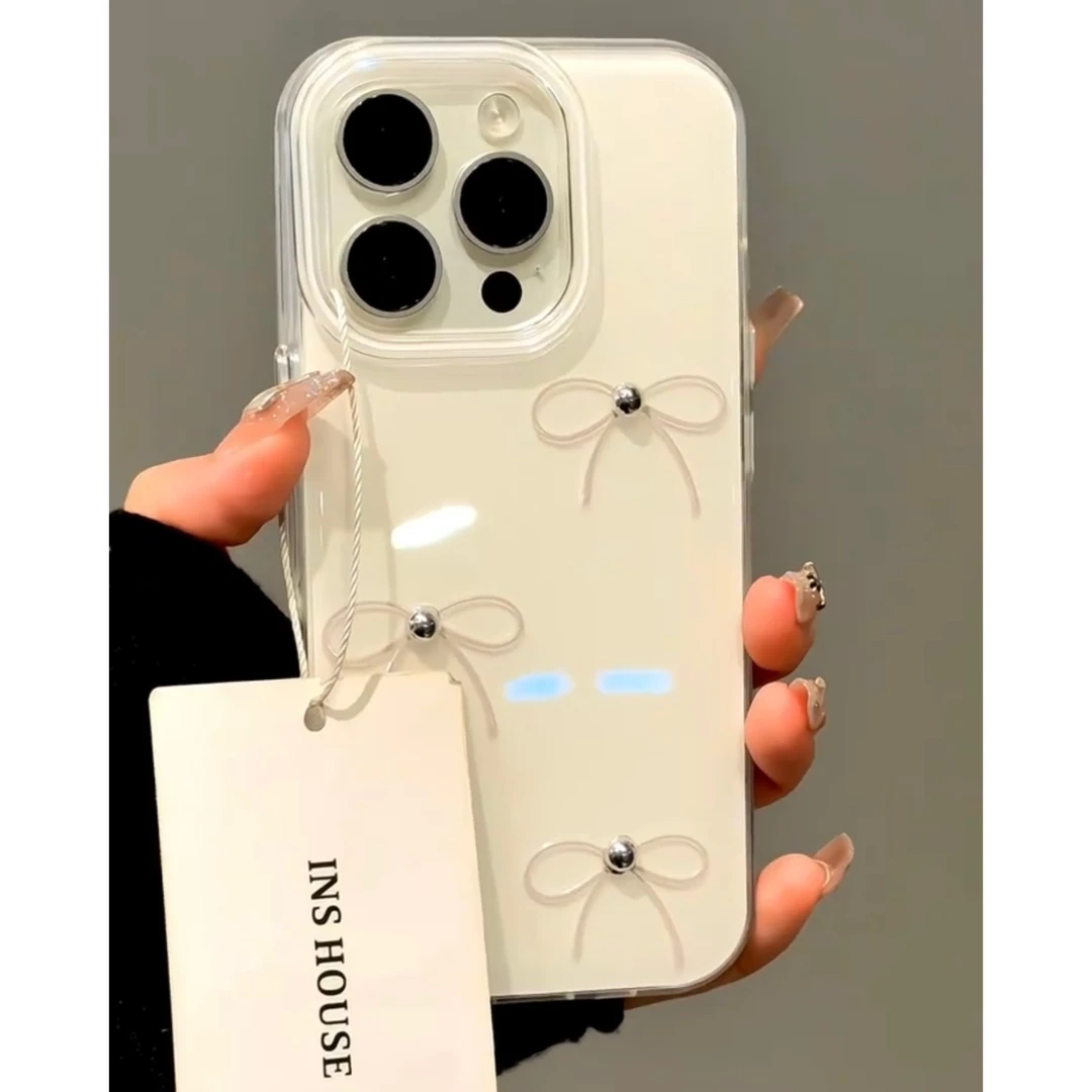 KEWUins银色珍珠蝴蝶结适用苹果16/15手机壳华为p70vivo小米oppo