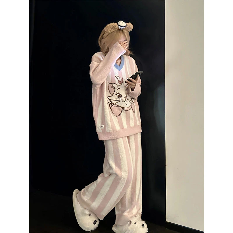 韩系玛丽猫条纹半边绒睡衣女秋冬季新款可爱甜美家居服可外穿套装